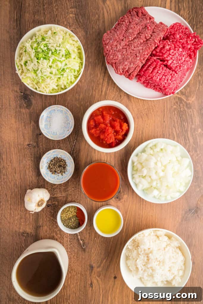 Overhead view of raw ingredients for deconstructed cabbage roll soup, including uncooked ground beef and pork, fresh shredded cabbage, diced onions, garlic cloves, canned diced tomatoes, beef broth, V8 vegetable juice, uncooked rice, and various dried spices, all artfully arranged on a rustic wooden table.