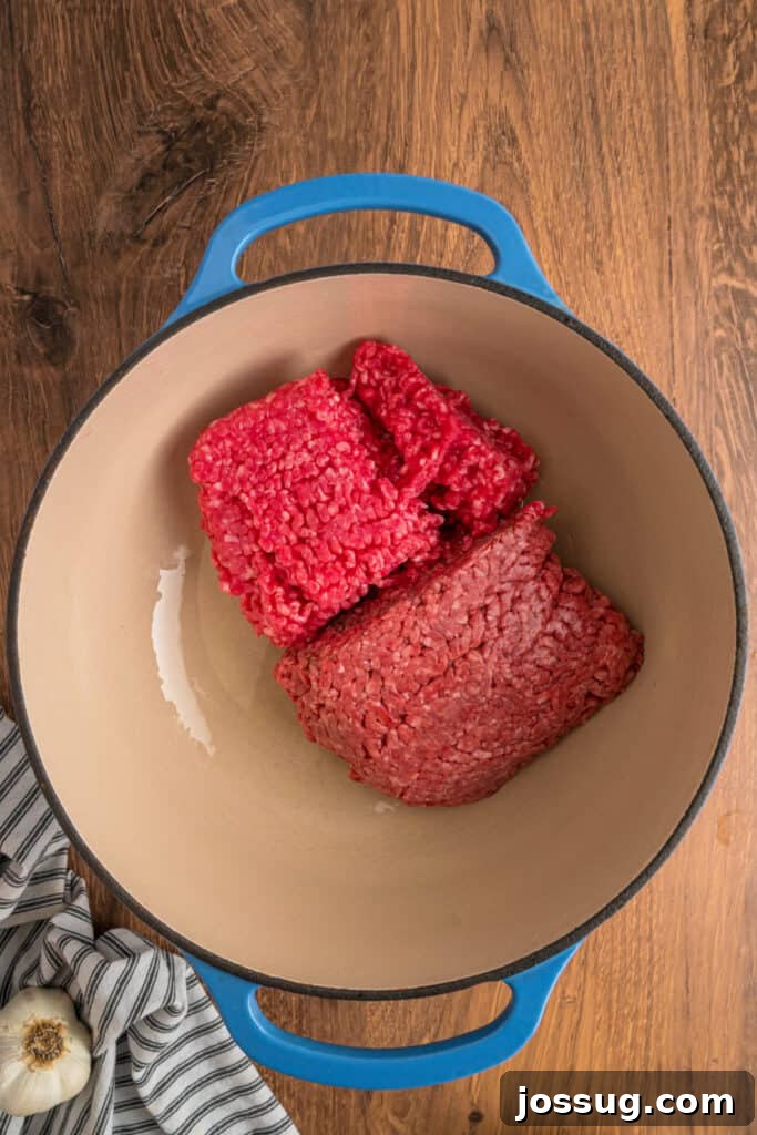 Raw ground beef and pork ready to be cooked in a large blue dutch oven.