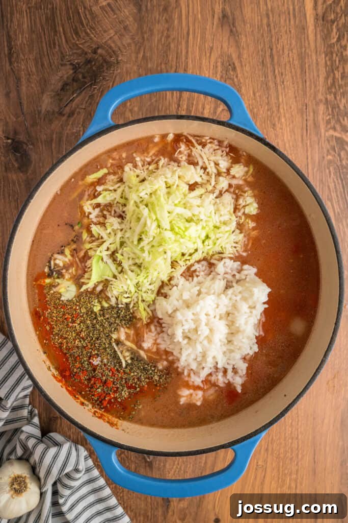 Shredded cabbage, cooked rice, dried basil, oregano, and paprika added to the simmering soup base before stirring to combine.