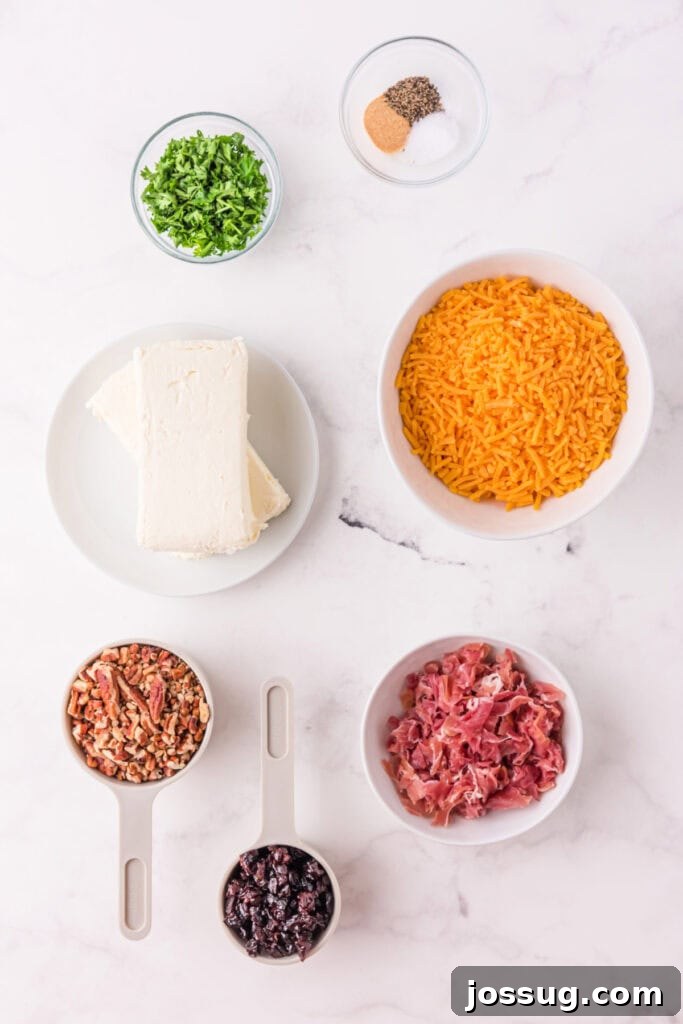 Overhead view of ingredients for Holiday Cheese Ball, including cream cheese, shredded cheddar, prosciutto, pecans, dried cherries, parsley, and seasonings on a marble surface.