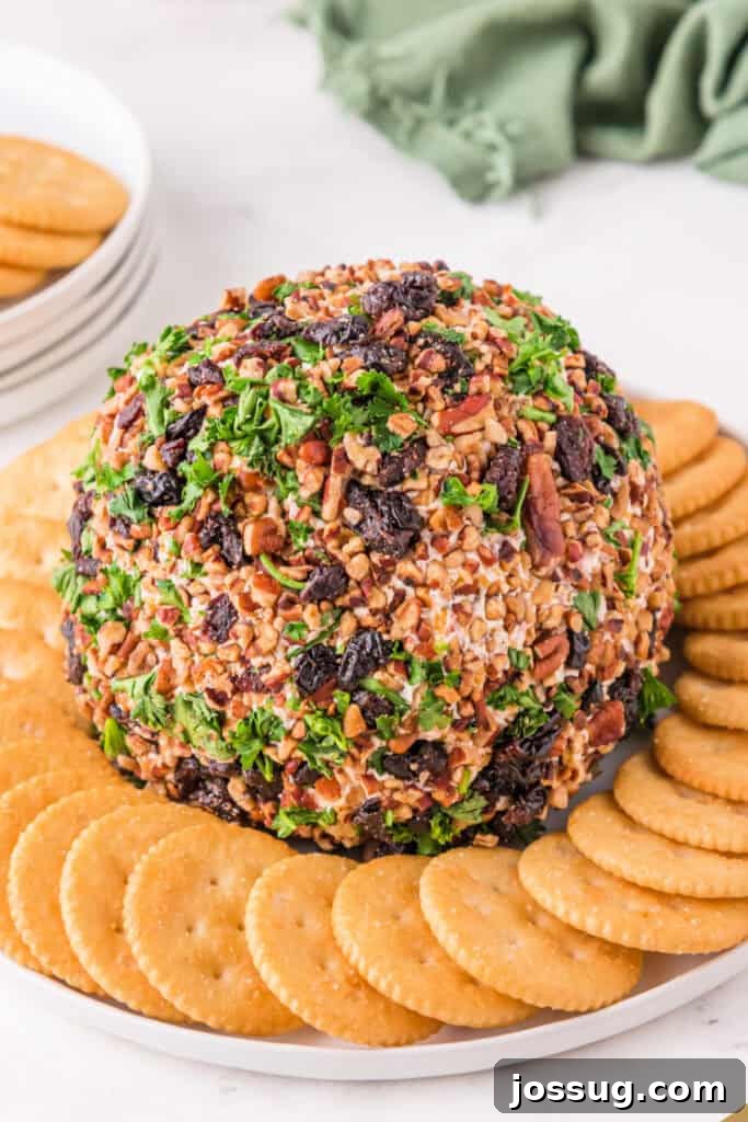 Close-up of the finished Holiday Cheese Ball on a serving plate surrounded by round crackers.