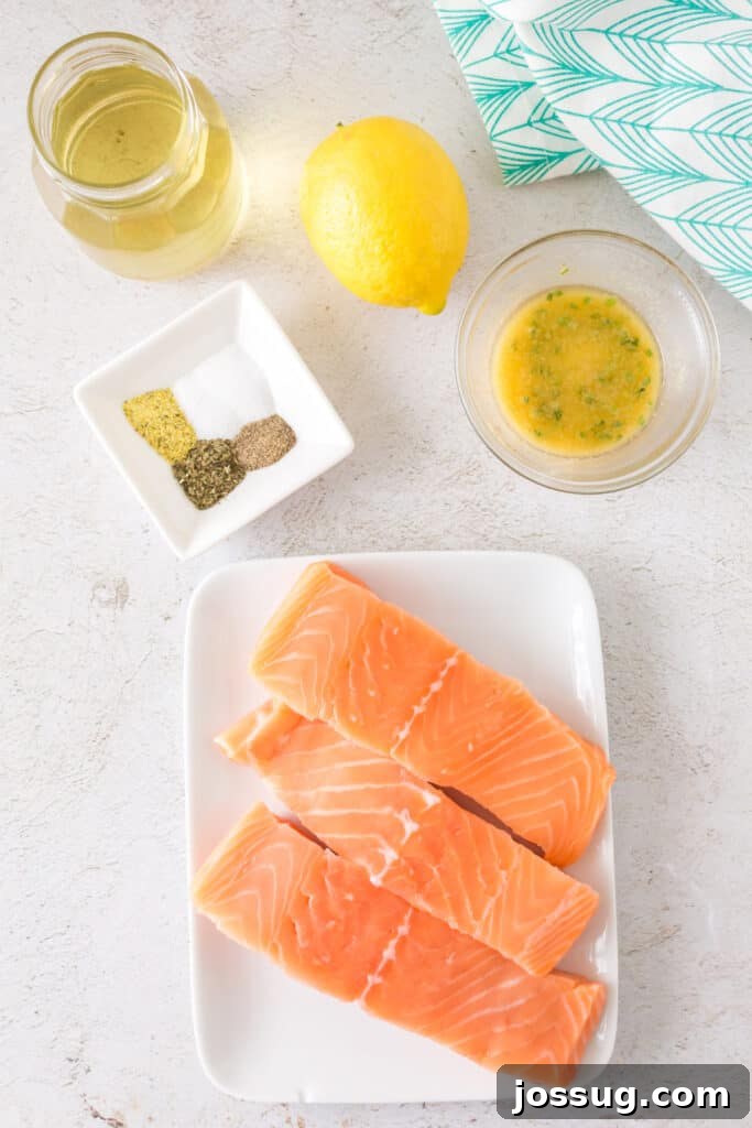 Overhead view of raw salmon fillets, seasonings, lemon, olive oil, and melted garlic butter laid out on a light surface.