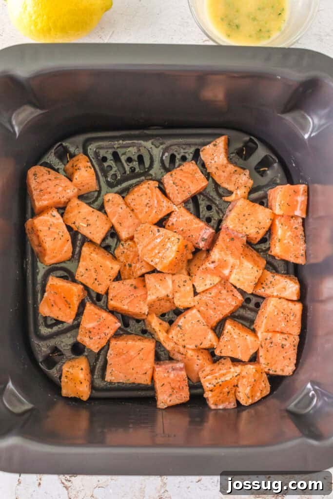Seasoned salmon cubes arranged evenly in an air fryer basket, ready to cook.