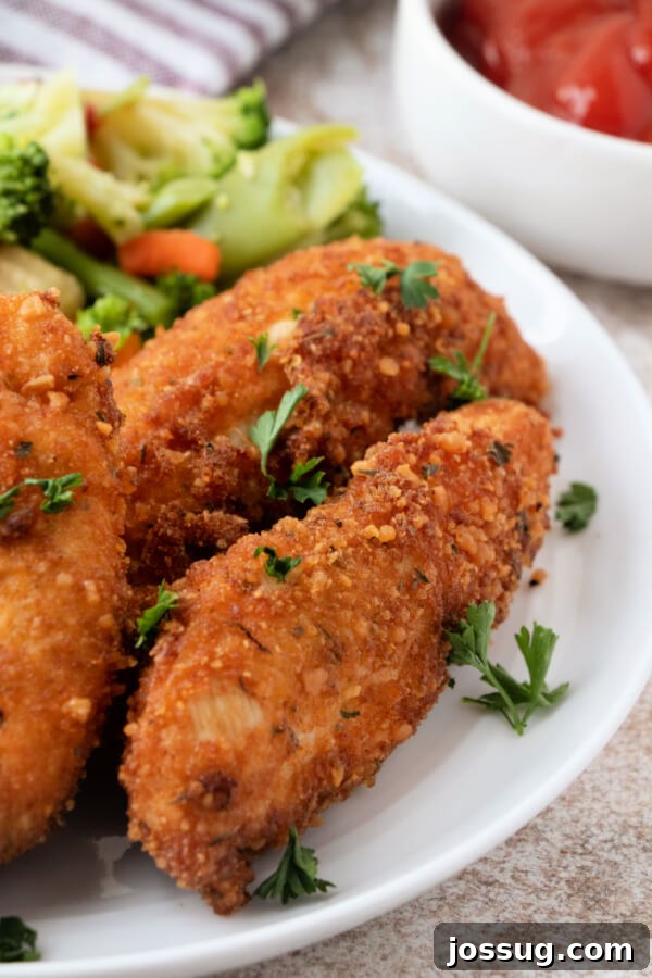 Delicious Italian Chicken Strips on a plate with vegetables