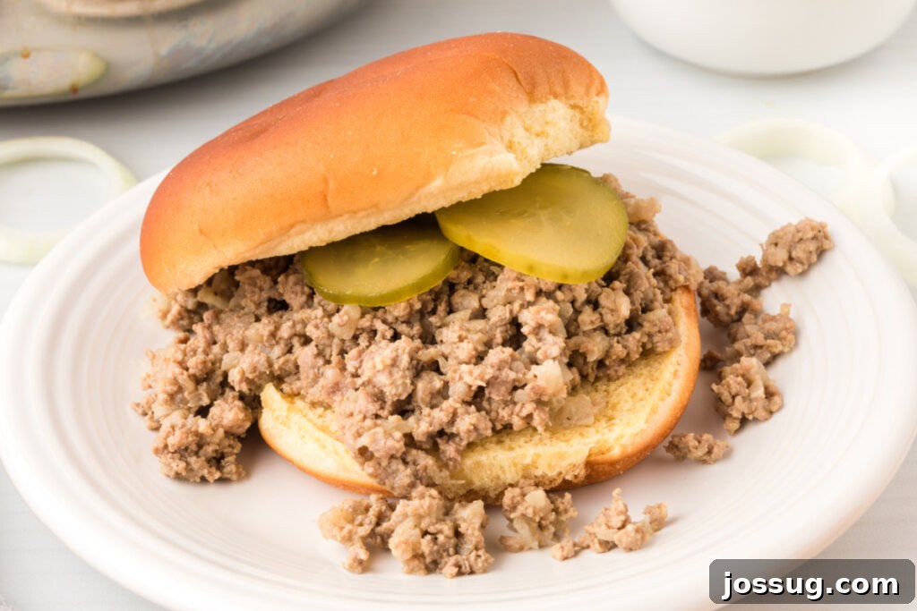 A delicious Maid-Rite loose meat sandwich served simply on a plate.