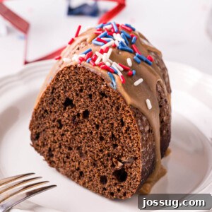 Apple spice cake with caramel frosting and patriotic colored sprinkles, a festive dessert