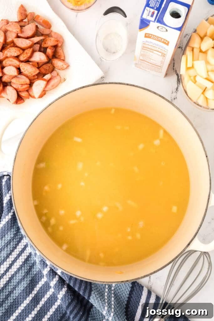 Chicken broth poured into the pot with the vegetable mixture, creating the soup base.