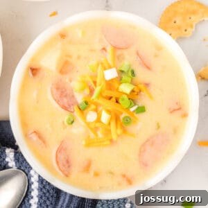 Bowl of cheesy kielbasa potato soup topped with shredded cheddar and green onions, served with crackers on the side.