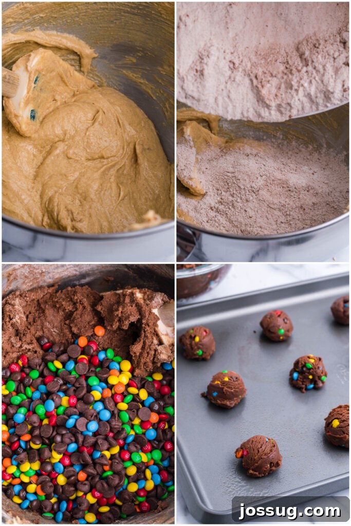 A baker's hand placing M&M cookie dough balls onto a parchment-lined baking sheet, ready for the oven.