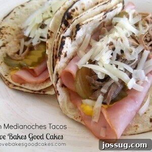 Havana Midnight Tacos 4 Cuban Medianoches Tacos with slow-cooked pork, ham, Swiss cheese, pickles, and mustard.
