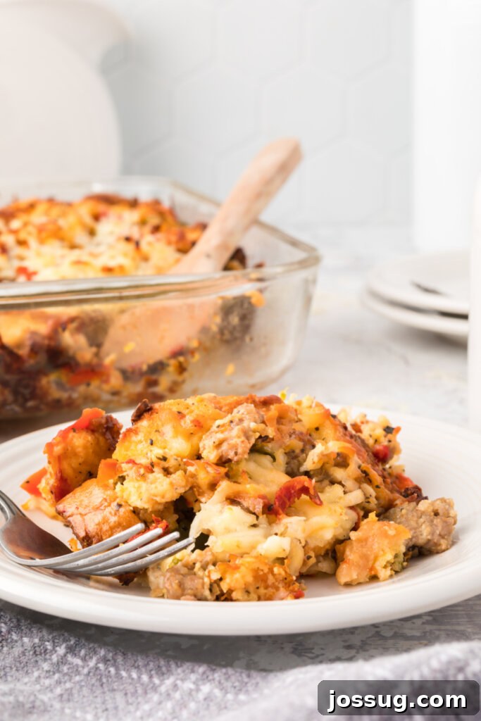 Italian Breakfast Strata on a plate with the baking dish in the background, showcasing layers of bread, sausage, peppers, and melted cheese