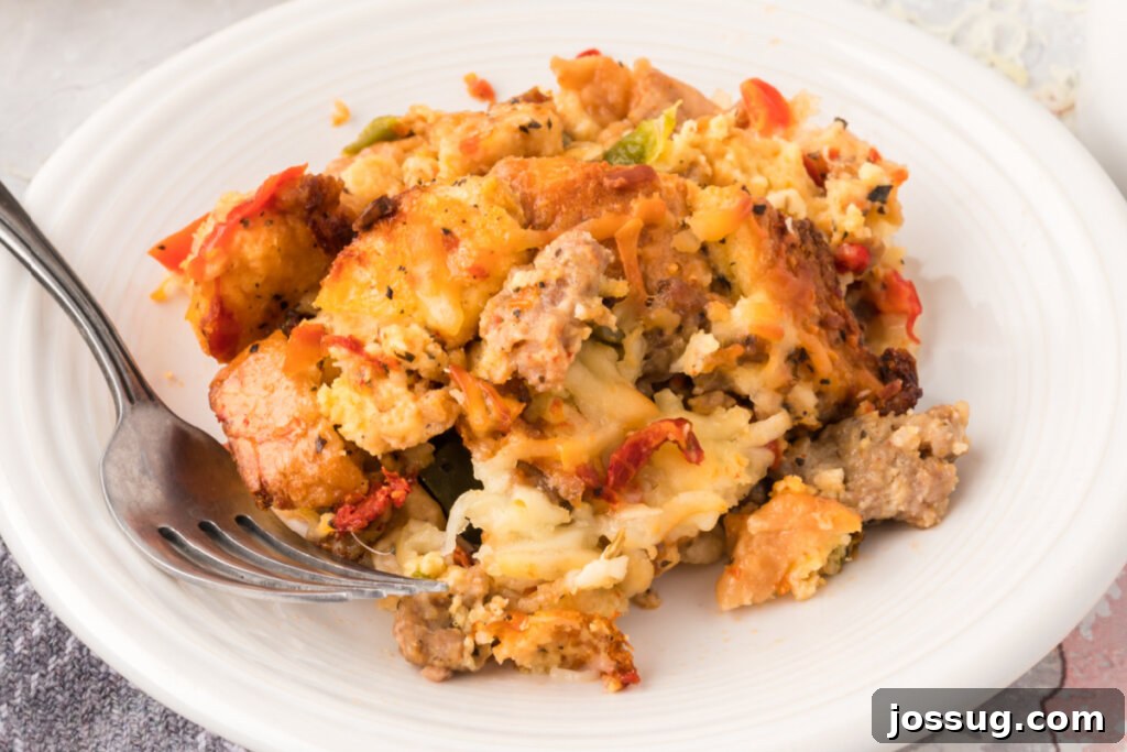 A slice of Italian Breakfast Strata on a white plate, ready to be enjoyed