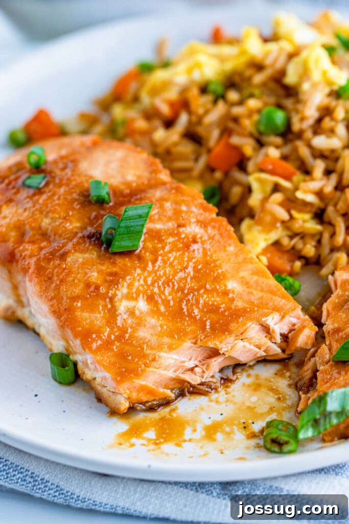 asian baked salmon on plate with fried rice