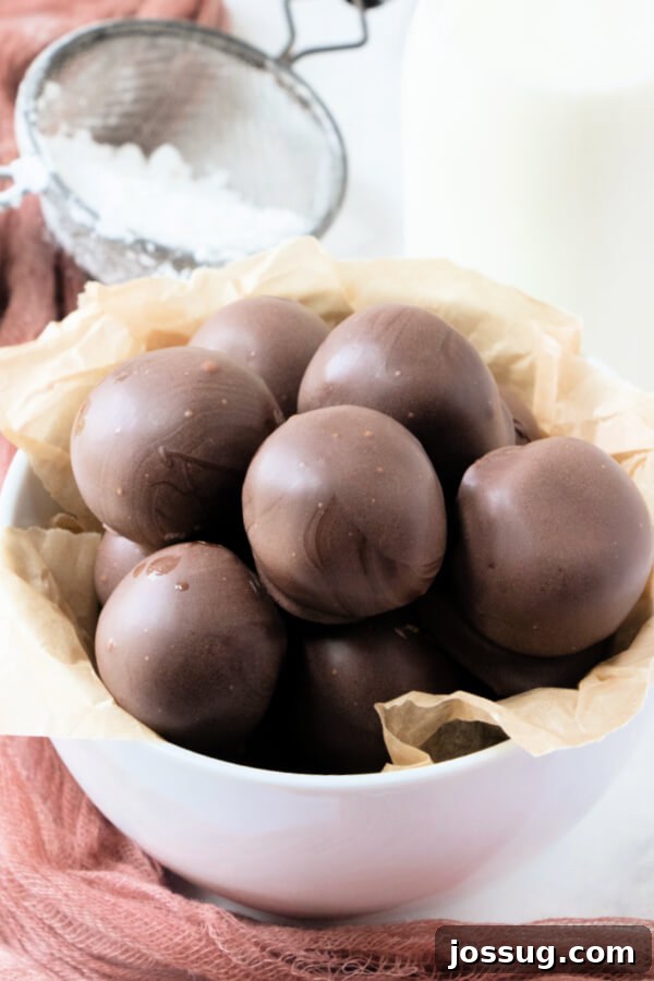 Decadent Peanut Butter Truffles 3 Finished chocolate-dipped peanut butter balls artfully arranged in a bowl, ready to serve