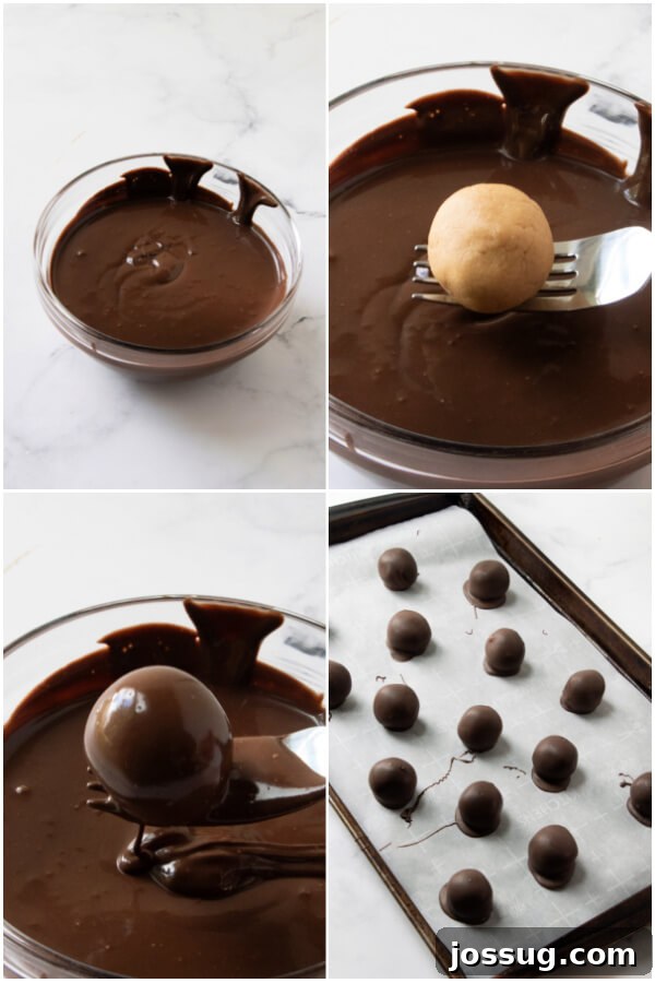 Decadent Peanut Butter Truffles 5 Dipping peanut butter balls into melted chocolate coating with a fork