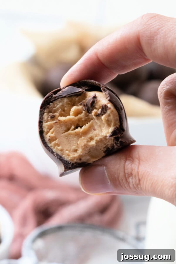 Decadent Peanut Butter Truffles 8 A hand holding a perfectly finished peanut butter ball, ready to eat