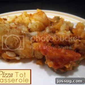 Prepared Pizza Tot Casserole in a baking dish