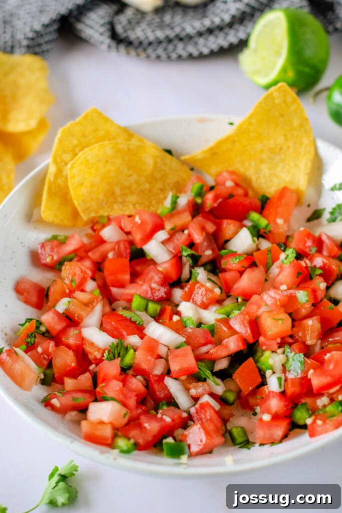 A bowl of vibrant Pico de Gallo with a few tortilla chips, showcasing its fresh, chunky texture.