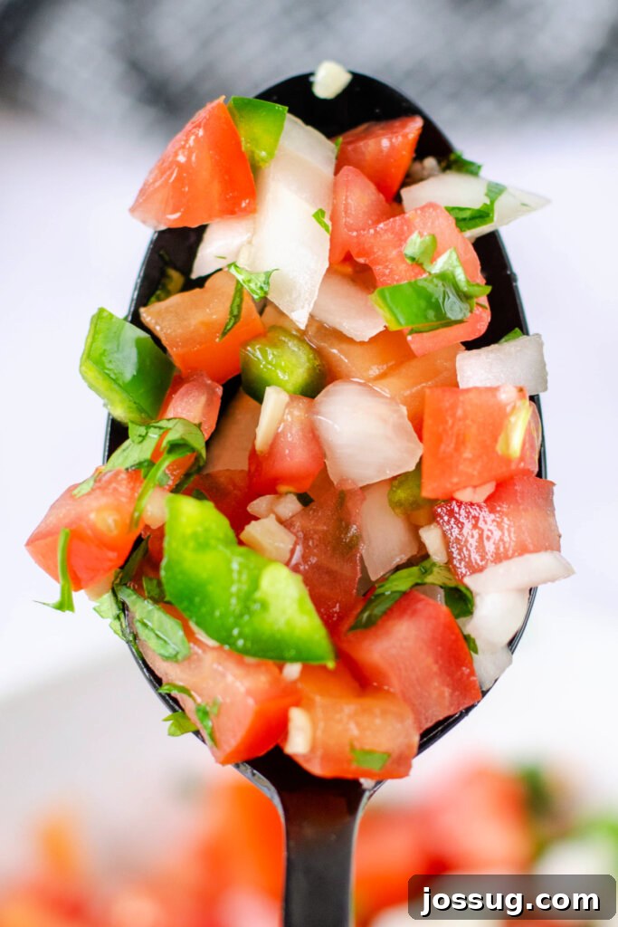 A spoon lifting a scoop of fresh Salsa Fresca (Pico de Gallo), showing its chunky texture and vibrant colors.