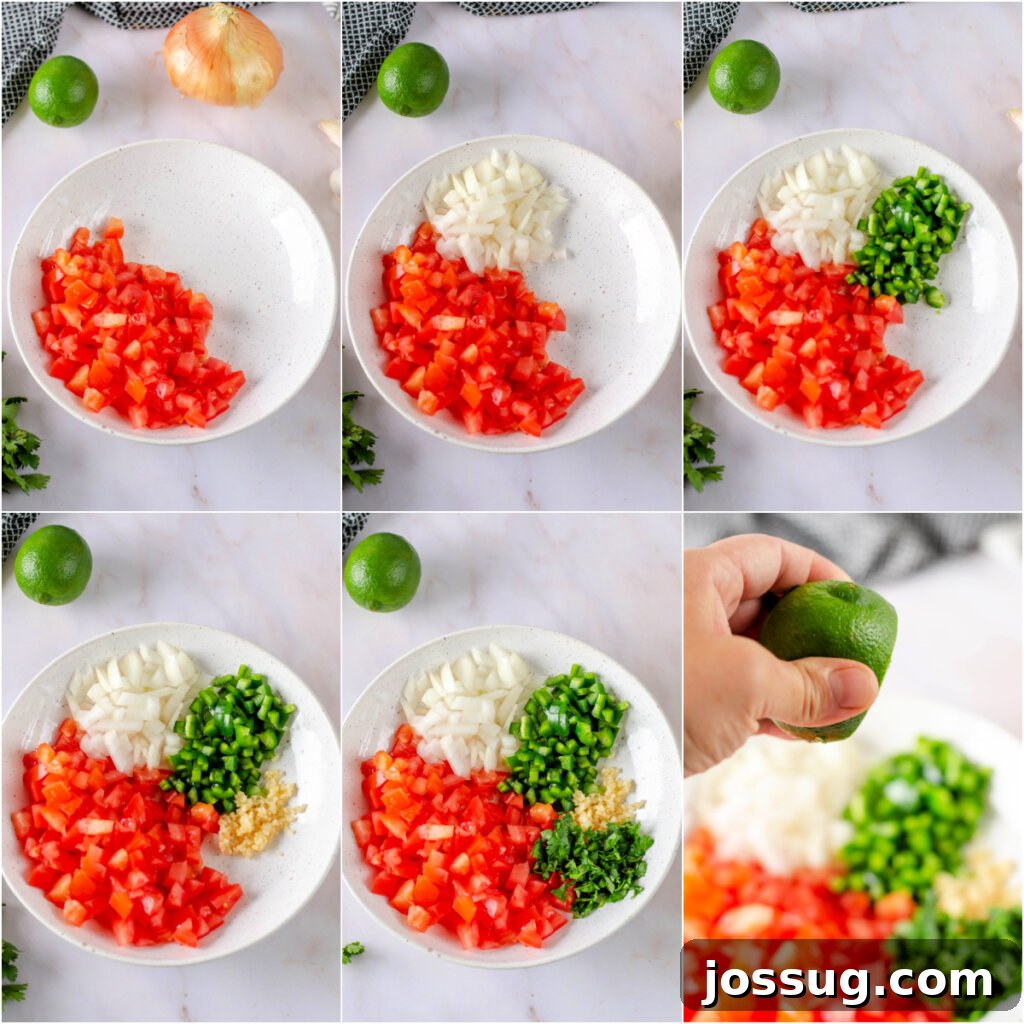 Step-by-step image showing how to prepare Pico de Gallo, with chopped ingredients in a bowl before mixing.