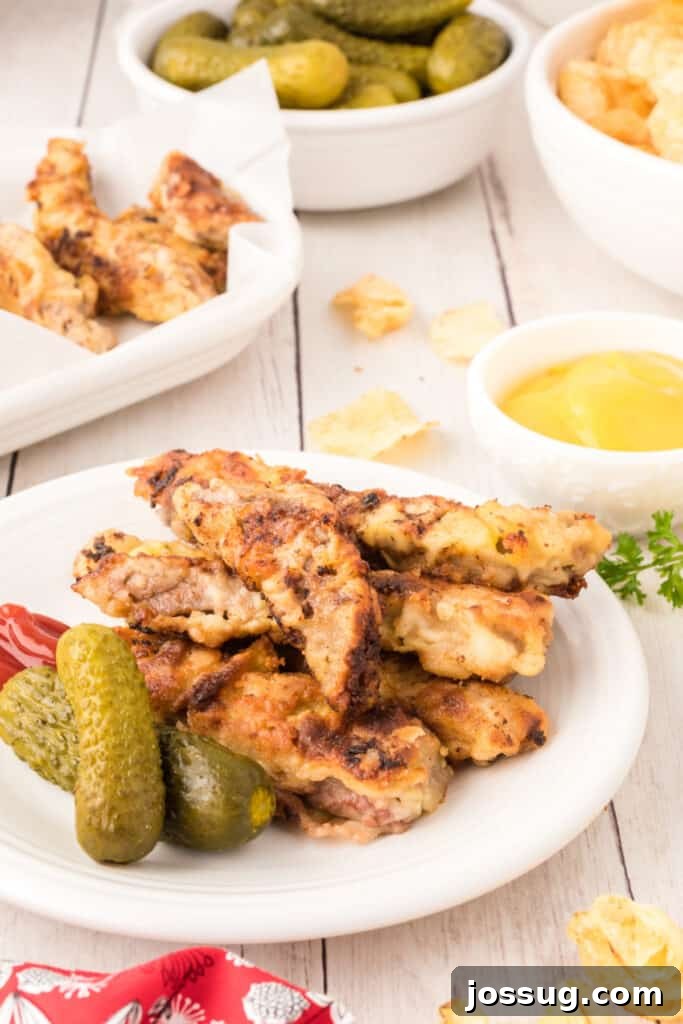 Crispy Steak Strips 2 several steak fingers on plate with pickles