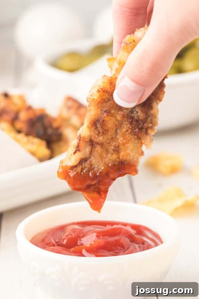 Crispy Steak Strips 11 hand dipping a steak finger into ketchup