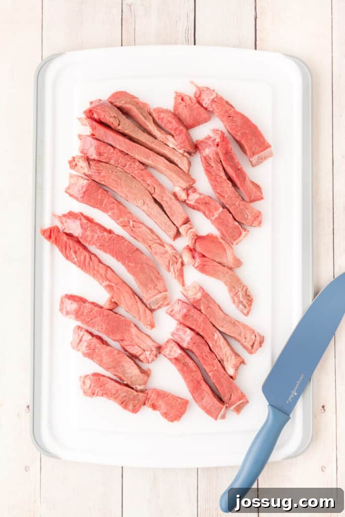 Crispy Steak Strips 5 Place the steak between two pieces of plastic wrap and pound to ¼-inch thickness. Cut the steak into strips.