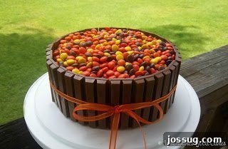 2012's Top Reader Favorites 3 A colorful Kit-Kat cake adorned with an array of M&M candies on top, and Kit-Kat bars forming a fence around its perimeter.