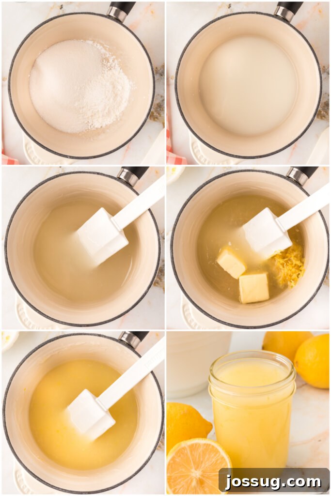 A series of images showing the process of making lemon sauce, from combining ingredients to the final product.