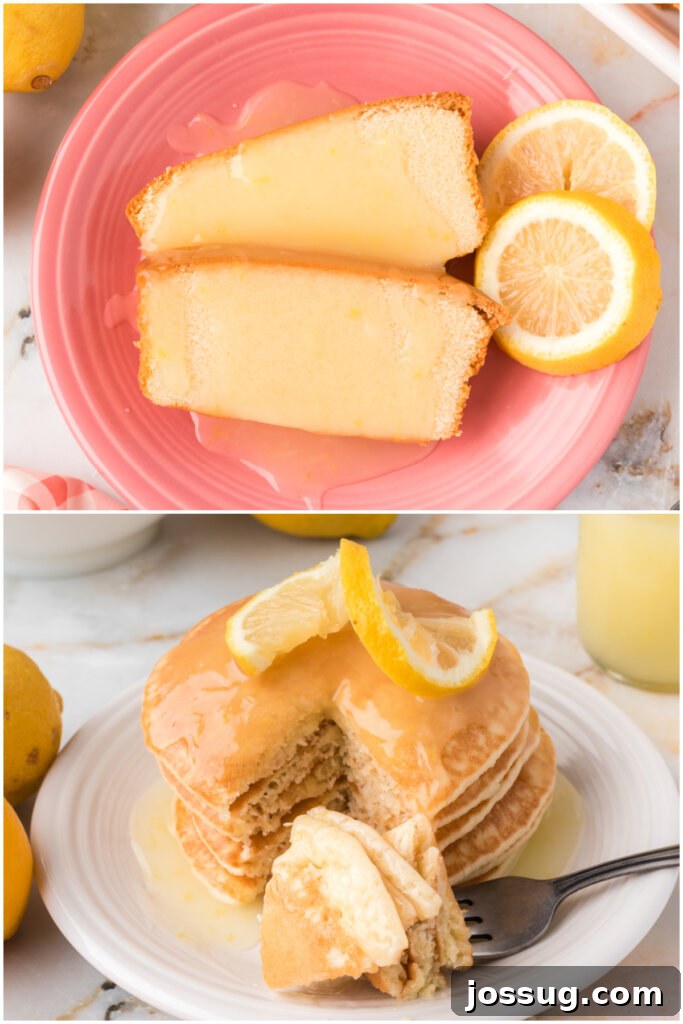 A collage showing lemon sauce drizzled over fluffy pancakes and a slice of pound cake, demonstrating its versatility.