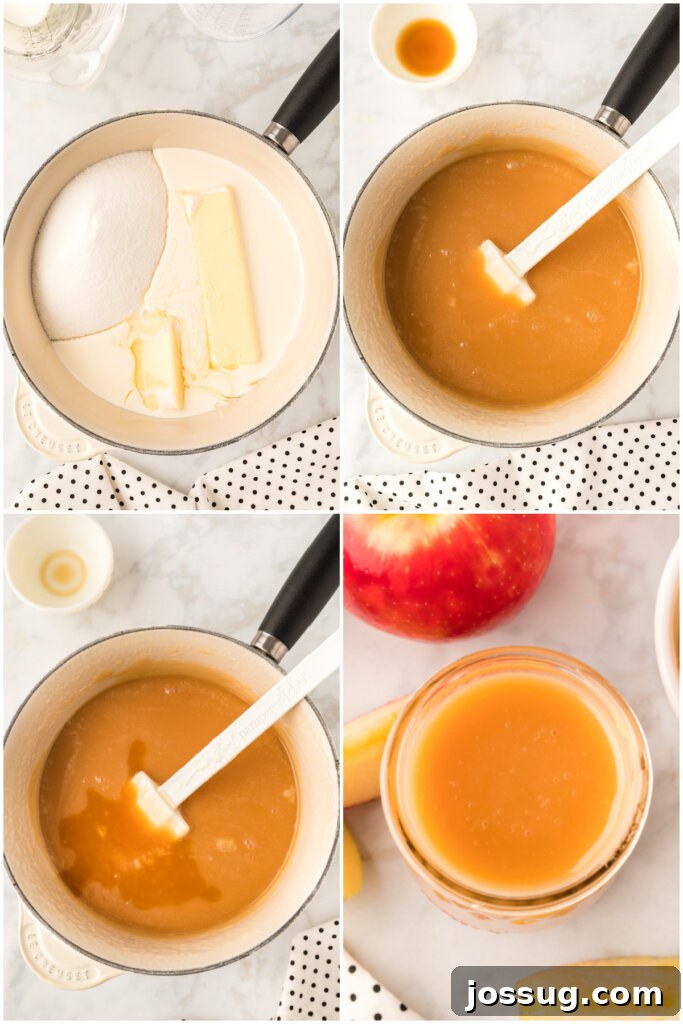 Decadent Caramel 4 Overview of ingredients and a Dutch oven, illustrating the process of making caramel sauce.