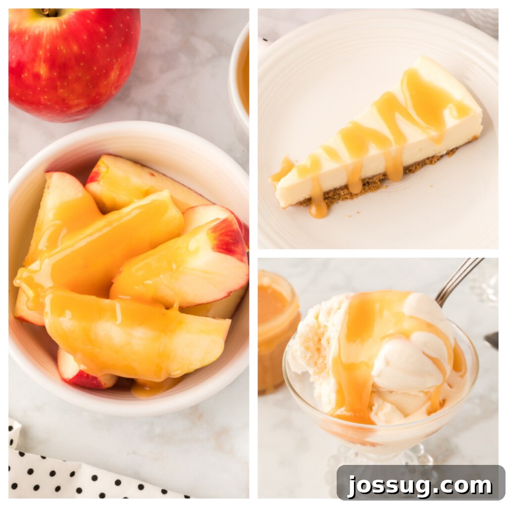 Decadent Caramel 5 Various uses for caramel sauce: drizzled over apples, cheesecake, and ice cream.