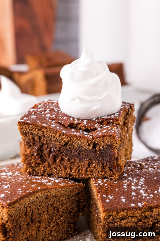 A perfectly baked slice of moist gingerbread cake, topped with a generous dollop of fluffy whipped cream, inviting indulgence.