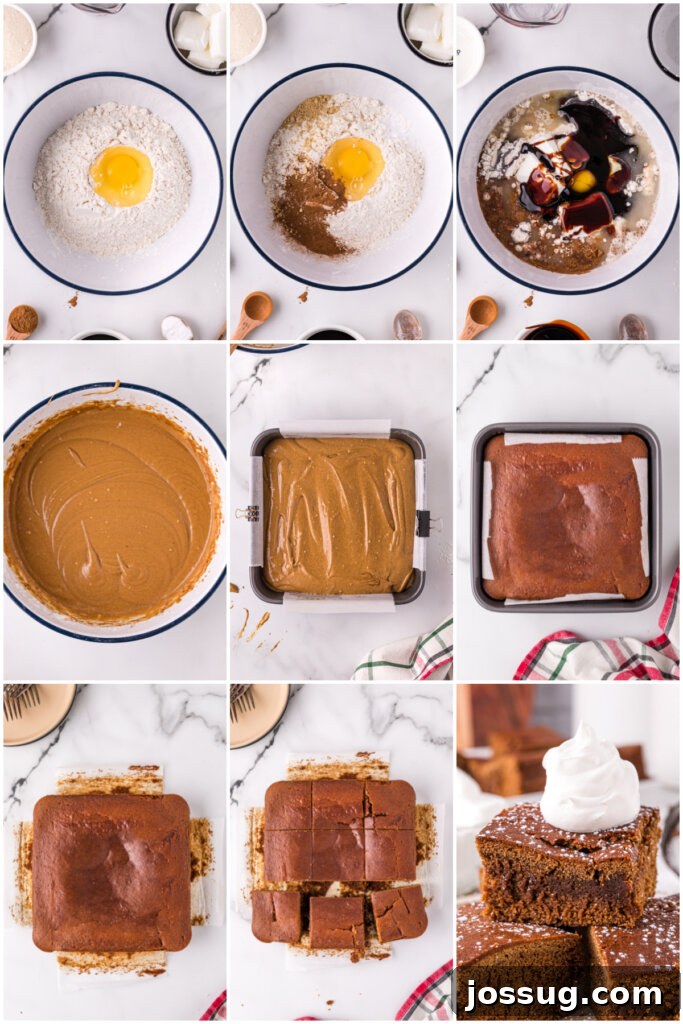 A visual guide to making gingerbread cake, showcasing key ingredients and baking steps for a perfect result.