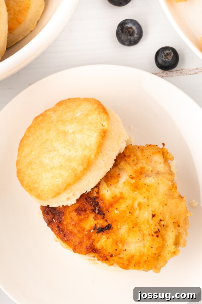 Homestyle Chicken Biscuits 3 looking down onto a piece of perfectly fried chicken on a split buttermilk biscuit, ready to be enjoyed