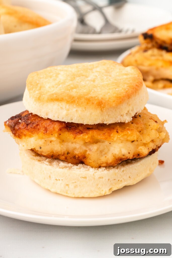 Homestyle Chicken Biscuits 4 a perfectly assembled chicken biscuit on a white plate, showcasing the golden fried chicken and fluffy biscuit