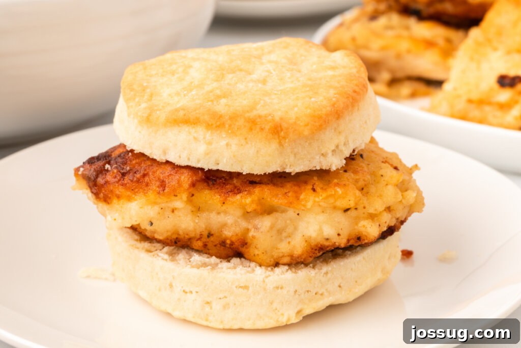 Homestyle Chicken Biscuits 5 four chicken biscuits arranged neatly on a white plate, ready to be served