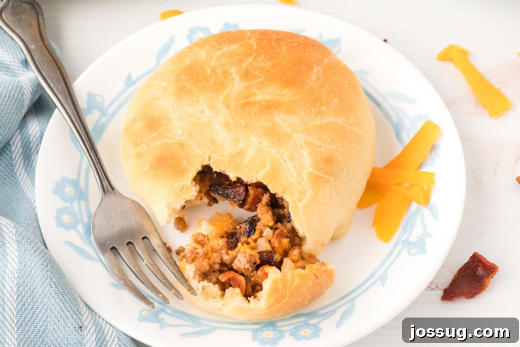 Loaded BBQ Bacon Cheeseburger Buns 5 A BBQ Bacon Cheeseburger Bun with a corner removed, showing the golden crust and the abundant, cheesy filling peeking out.