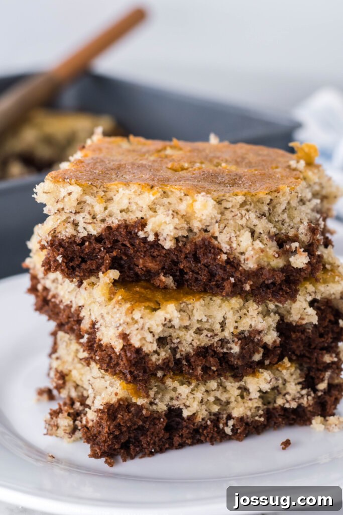 Banana Bread Chocolate Bliss Bars 2 three chocolate banana bars stacked on top of each other, showcasing their two-tone design