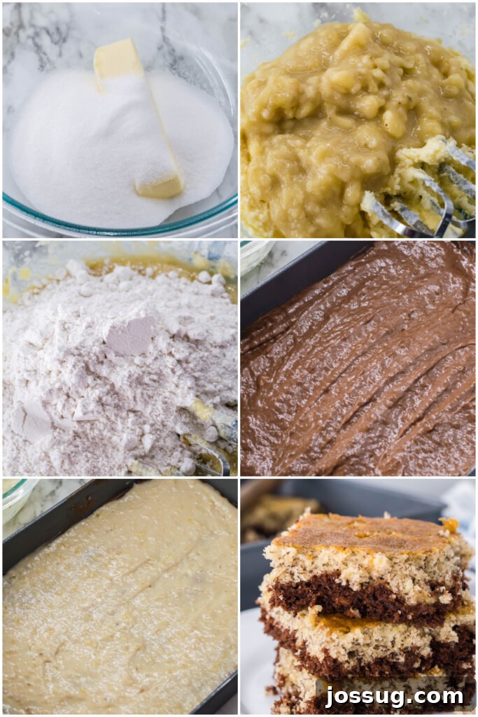 Banana Bread Chocolate Bliss Bars 4 how to make chocolate banana bars, showing the layered batter before baking