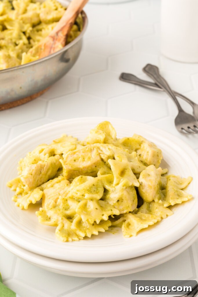 creamy chicken pesto pasta on plate