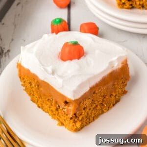 Square close-up of a slice of pumpkin poke cake with whipped topping