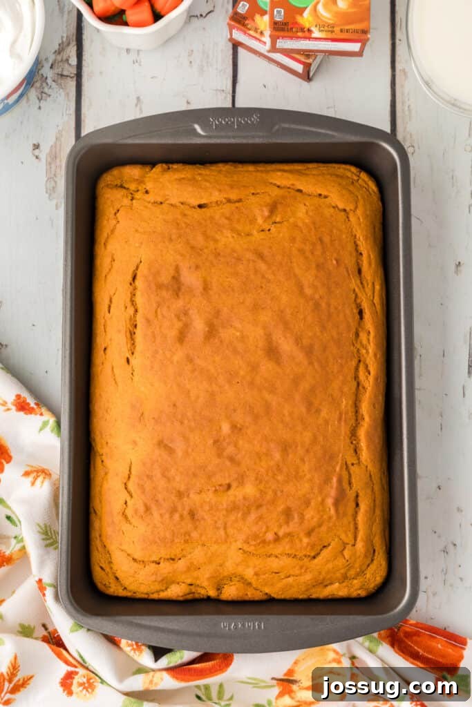 Decadent Pumpkin Spice Poke Cake 7 Fully baked pumpkin cake cooling in the pan