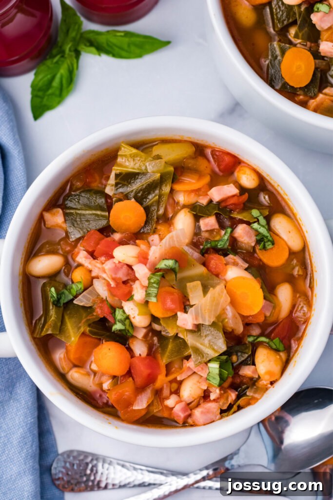 Hearty Ham, Bean, and Cabbage Soup 2 A comforting bowl of Ham, Bean, and Cabbage Soup, perfect for a chilly evening.