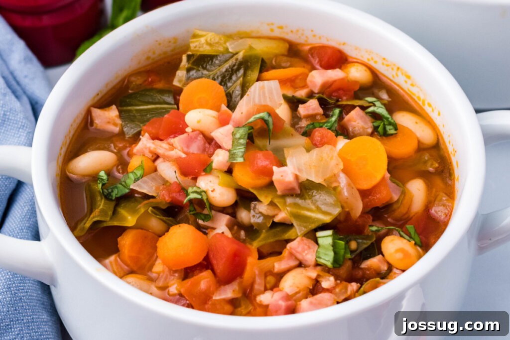 Hearty Ham, Bean, and Cabbage Soup 5 A white bowl filled with delicious Ham, Bean, and Cabbage Soup, inviting you to try this recipe.