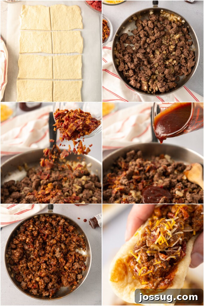 Step-by-step image illustrating how to prepare the BBQ Bacon Cheeseburger Flatbread Melts recipe.
