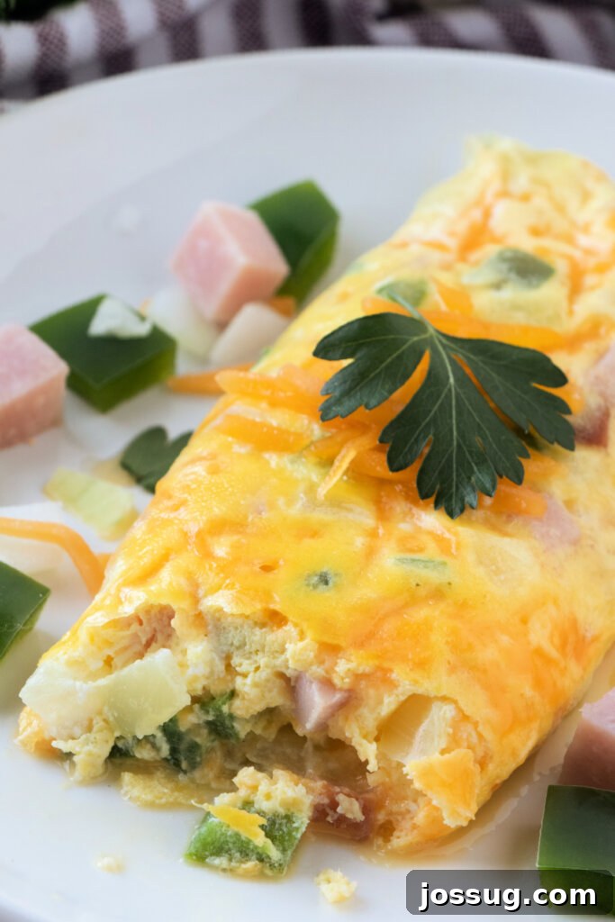 Effortless Pouch Omelet 3 A delicious omelet in a bag, with a bite taken out to reveal the fluffy interior and vibrant fillings