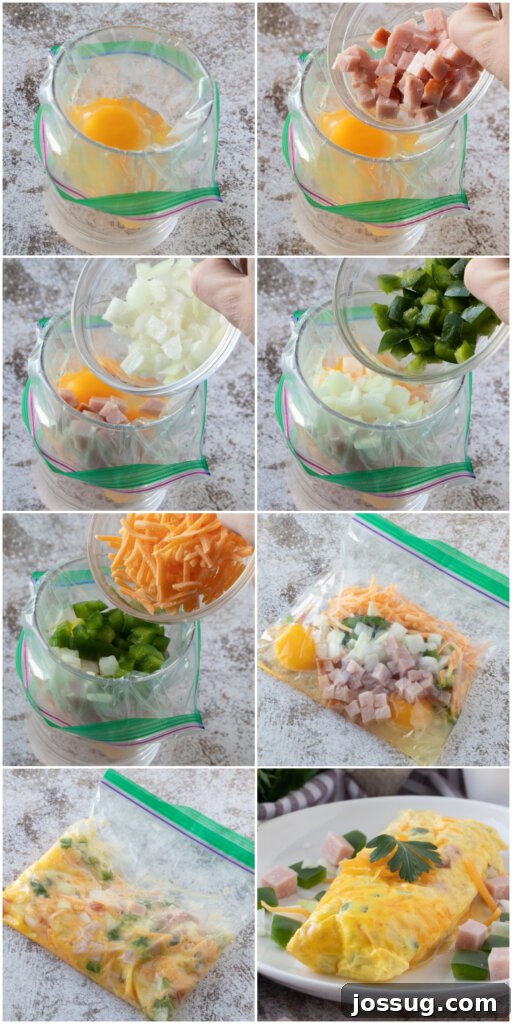Effortless Pouch Omelet 4 Step-by-step image showing how to make an omelet in a bag by cracking eggs into the bag