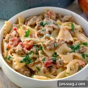 A close-up of a bowl of Italian Sausage Bow Tie Pasta, garnished with fresh parsley.