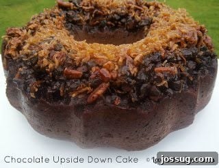 Close-up of a slice of Chocolate Upside Down Cake, showing the gooey topping and moist cake.